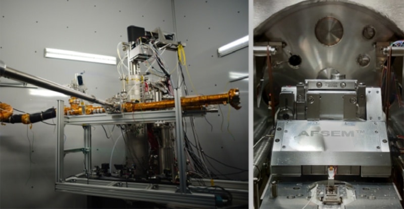 Als Mikroskope verwendet die Universität Wien ein drei Meter hohes Rastertransmissionselektronenmikroskop (Nion Ultra STEM, Bruker Corporation; links) und ein Rasterkraftmikroskop (AFSEM, Quantum Design GmbH; rechts); dieses befindet sich währen der Experimente in einer luftleeren Kammer (r.). (Bild: Uni Wien)