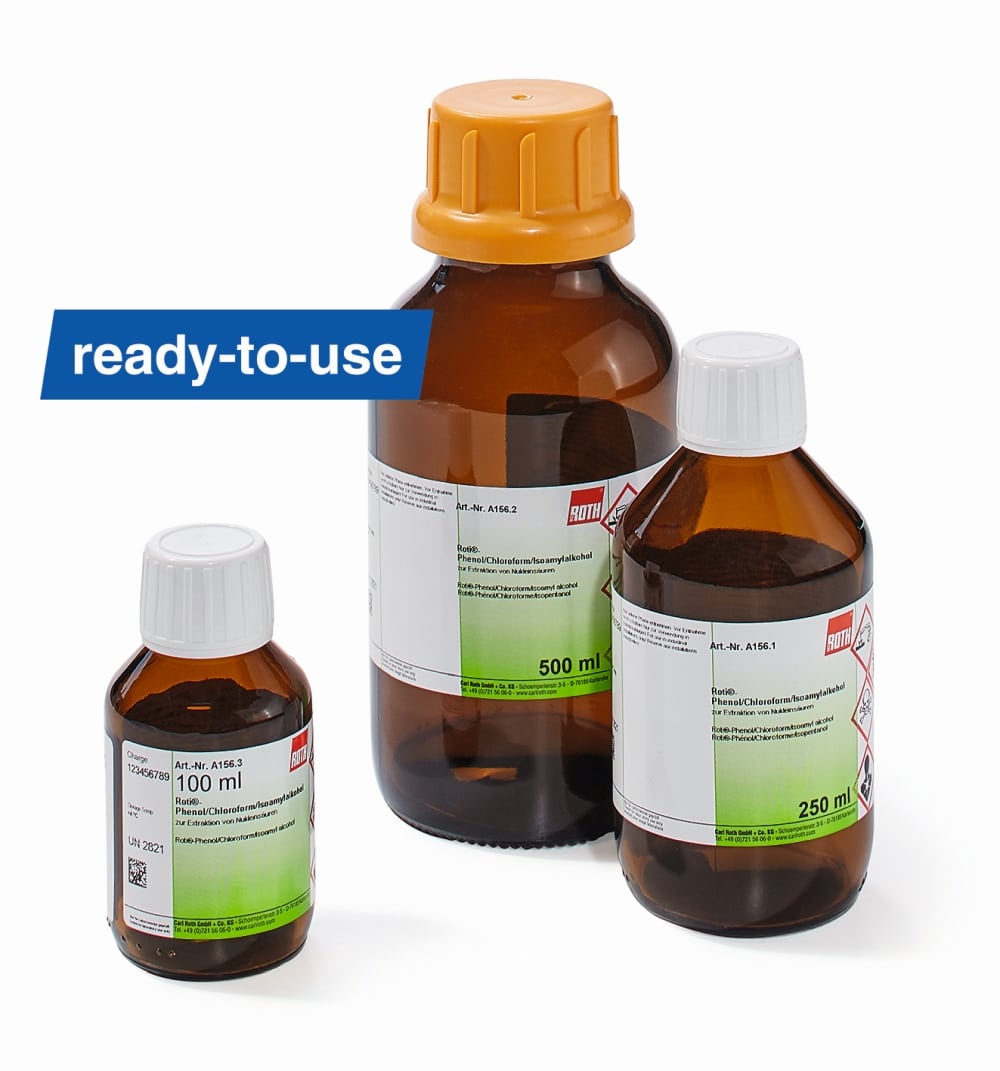 Praktisch für das Pharma-, Biotech- oder Forschungslabor: vorgemischte Lösungen von Phenol, Chloroform und Isoamylalkohol in 100-ml-, 250-ml- und 500-ml-Flaschen (Bild: Carl Roth)